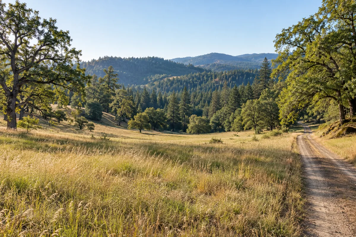 Dry grassy meadow with oak trees and wooded hills