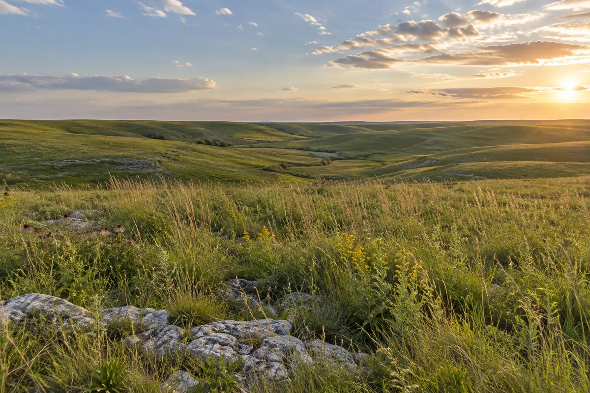 Tall grass across rolling hills with scattered limestone