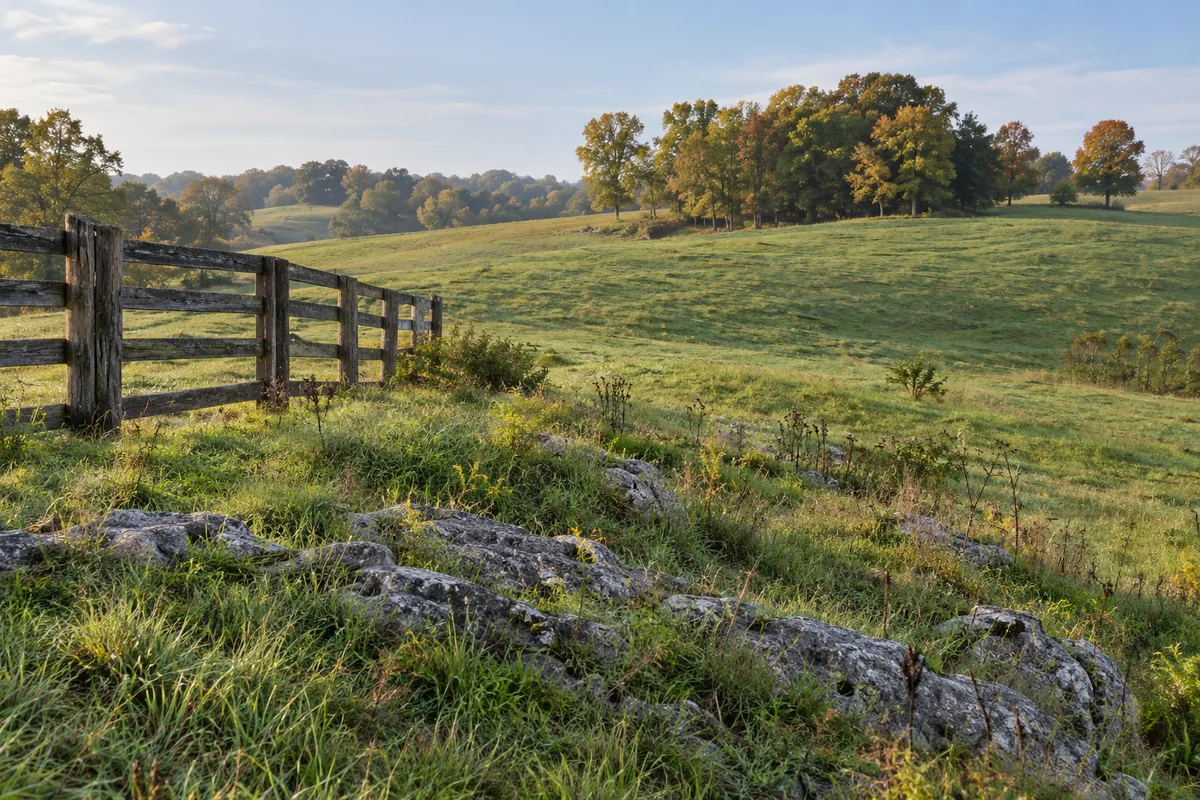 Rolling green pasture with a wooden fence and scattered limestone rocks