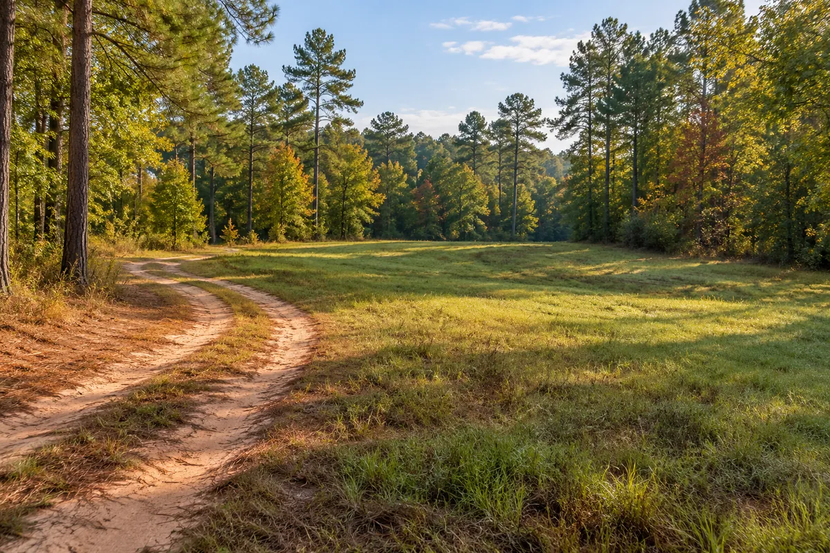 Sandy track entering a South Carolina clearing bordered by pine and hardwood trees