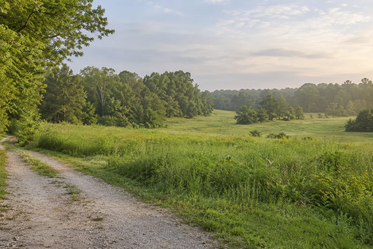 Grassy meadow entrance bordered by leafy woods