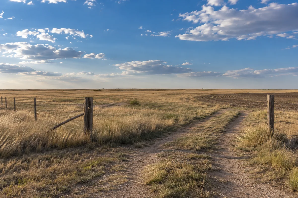 Two-track farm entrance beside fenced prairie under a wide blue sky