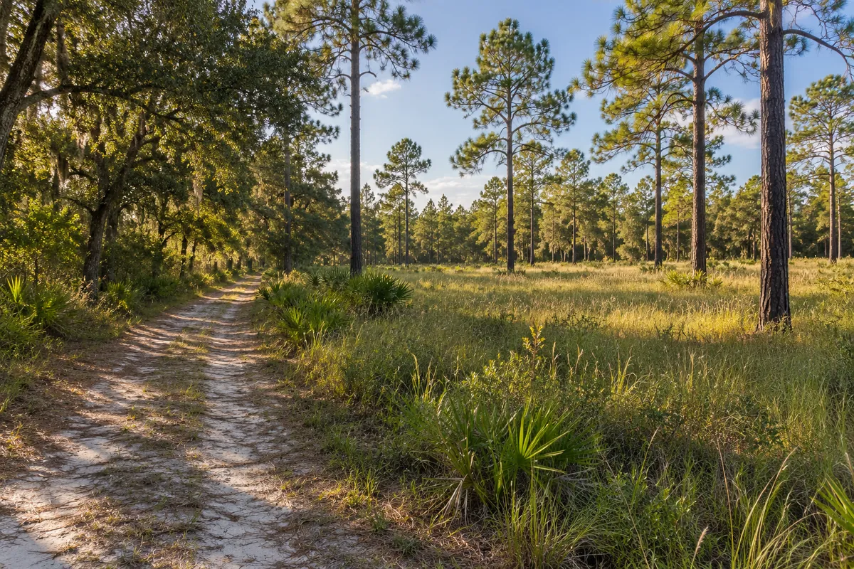Sandy trail beside an open grassy clearing and tall pine trees