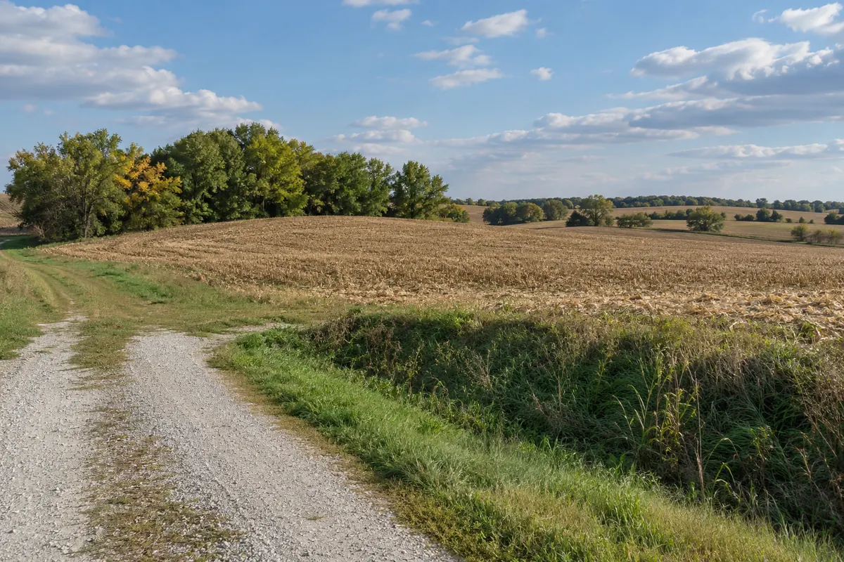 A gravel entrance and grassy ditch beside a harvested field with gently rolling land and leafy trees