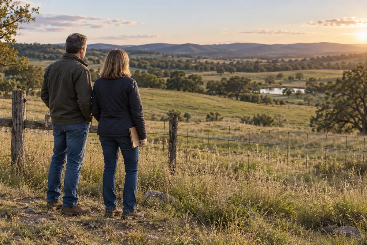 Two people looking across an open meadow from beside a fence