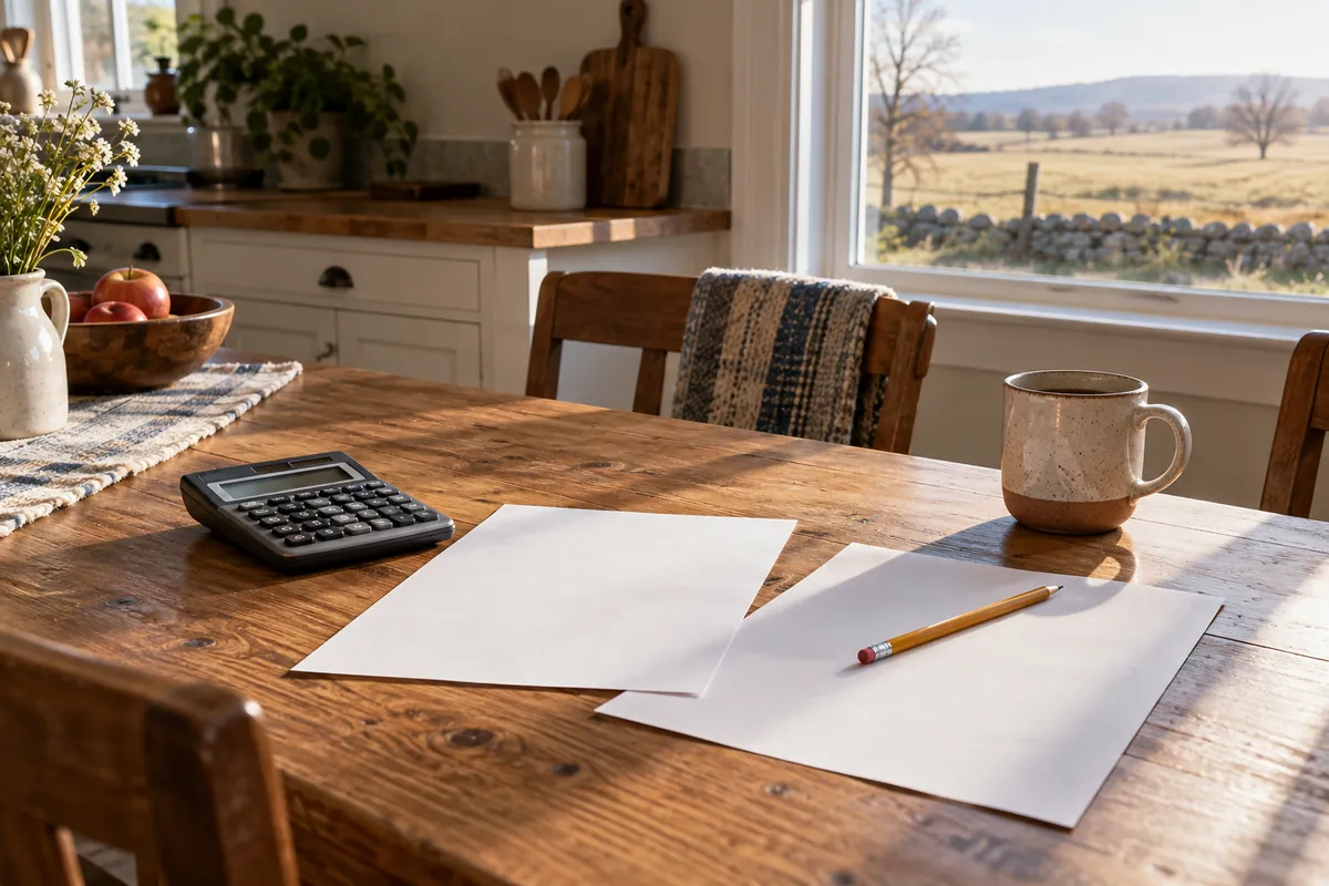 Calculator and blank quote sheets on a kitchen table beside a field view
