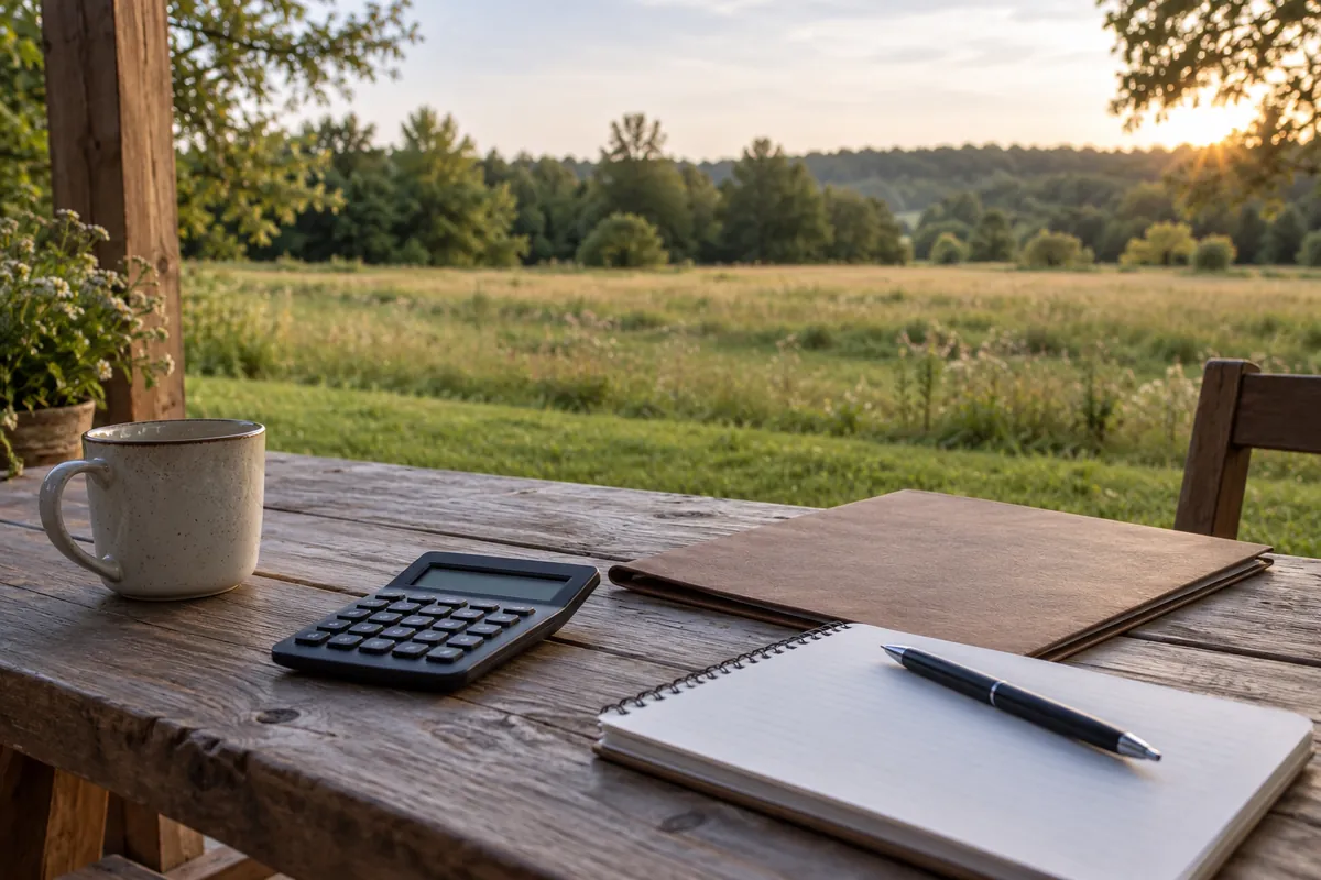 Calculator, folder and notebook on a porch table overlooking a grassy field