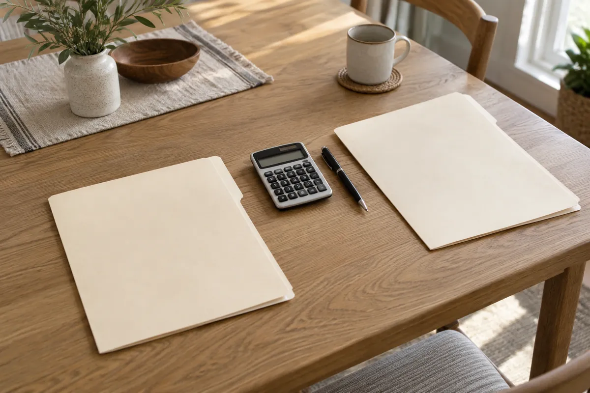 Two folders and a calculator on a table for comparing land offers