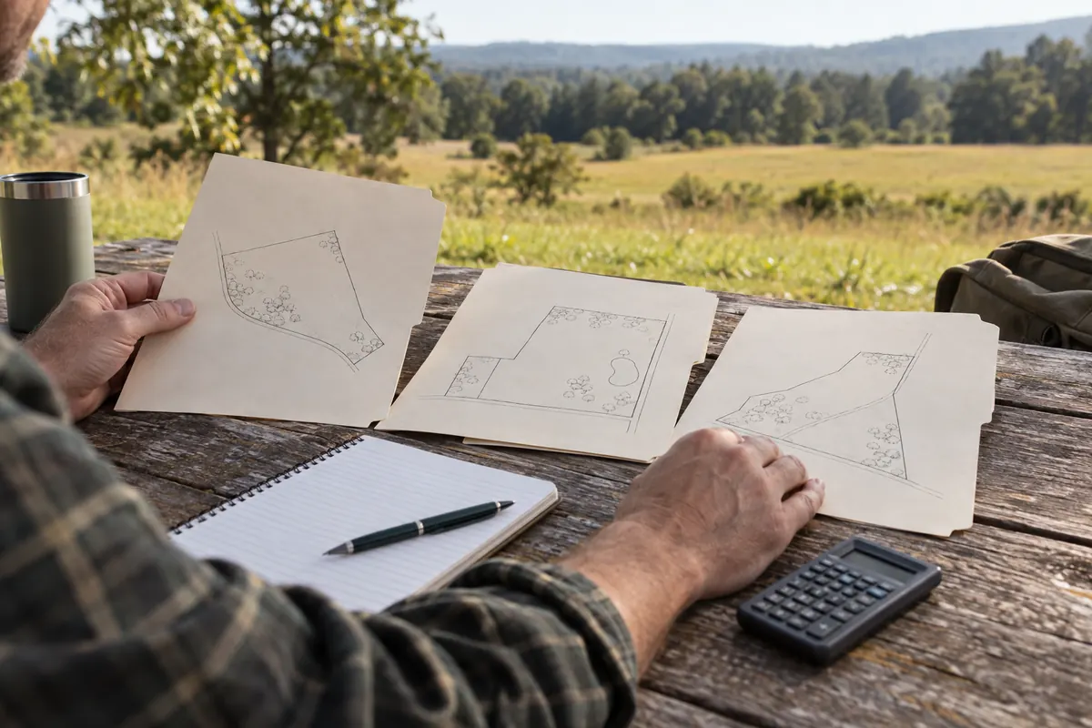 Land drawings, a notebook and calculator spread across a table