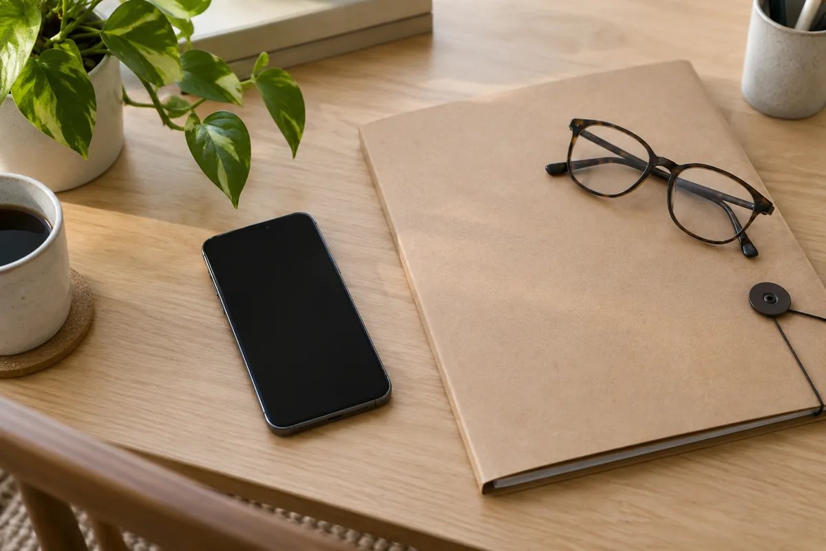 Phone with a blank screen beside a closed document folder and reading glasses