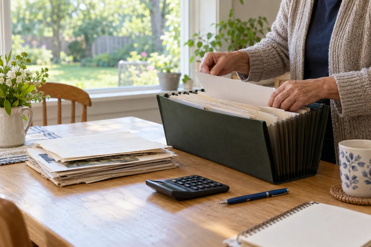Hands sorting property papers beside an accordion file and calculator on a kitchen table