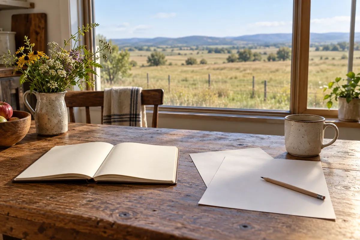 Notebook and blank papers on a table beside a view of open land