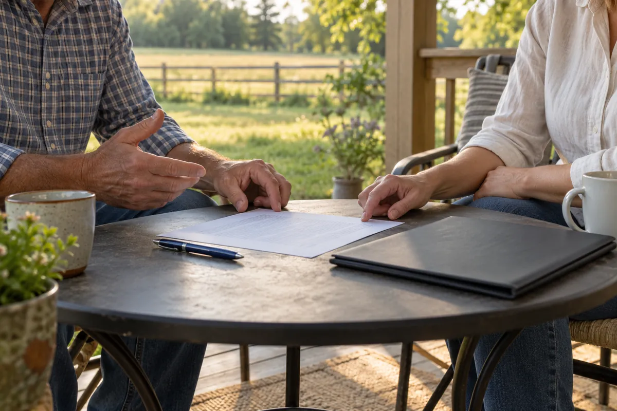 Two people reviewing a paper together at a table on a shaded back porch