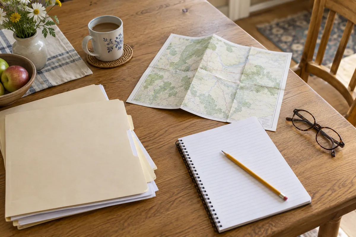 Paper folders, a folded map, notebook and reading glasses on a wooden table