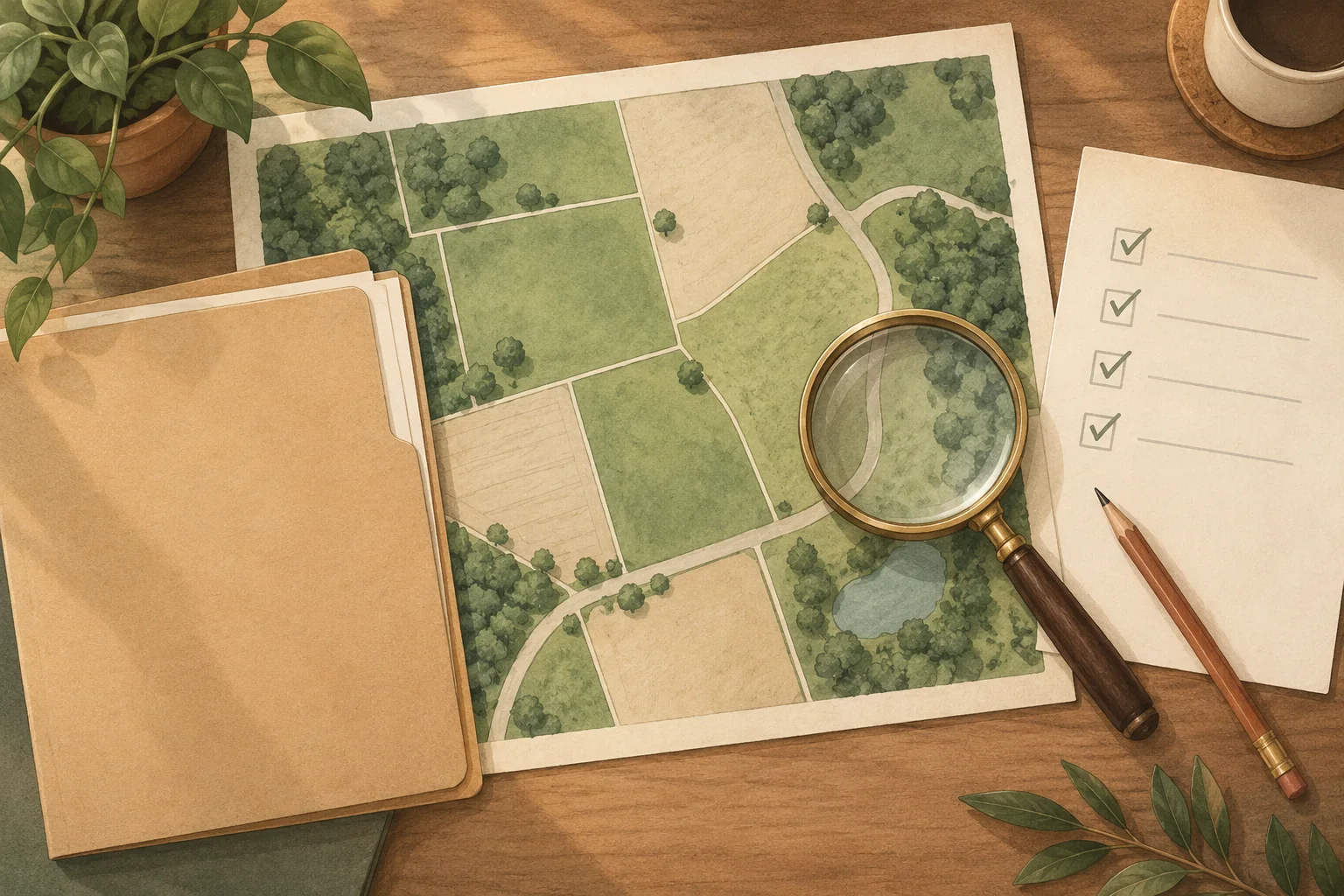 A land map, folder, magnifying glass and checklist on a desk