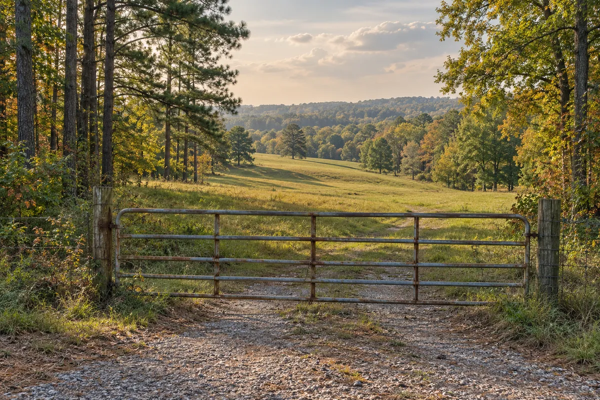 Farm gate at a gravel entrance to grassy pasture framed by pine and hardwood trees