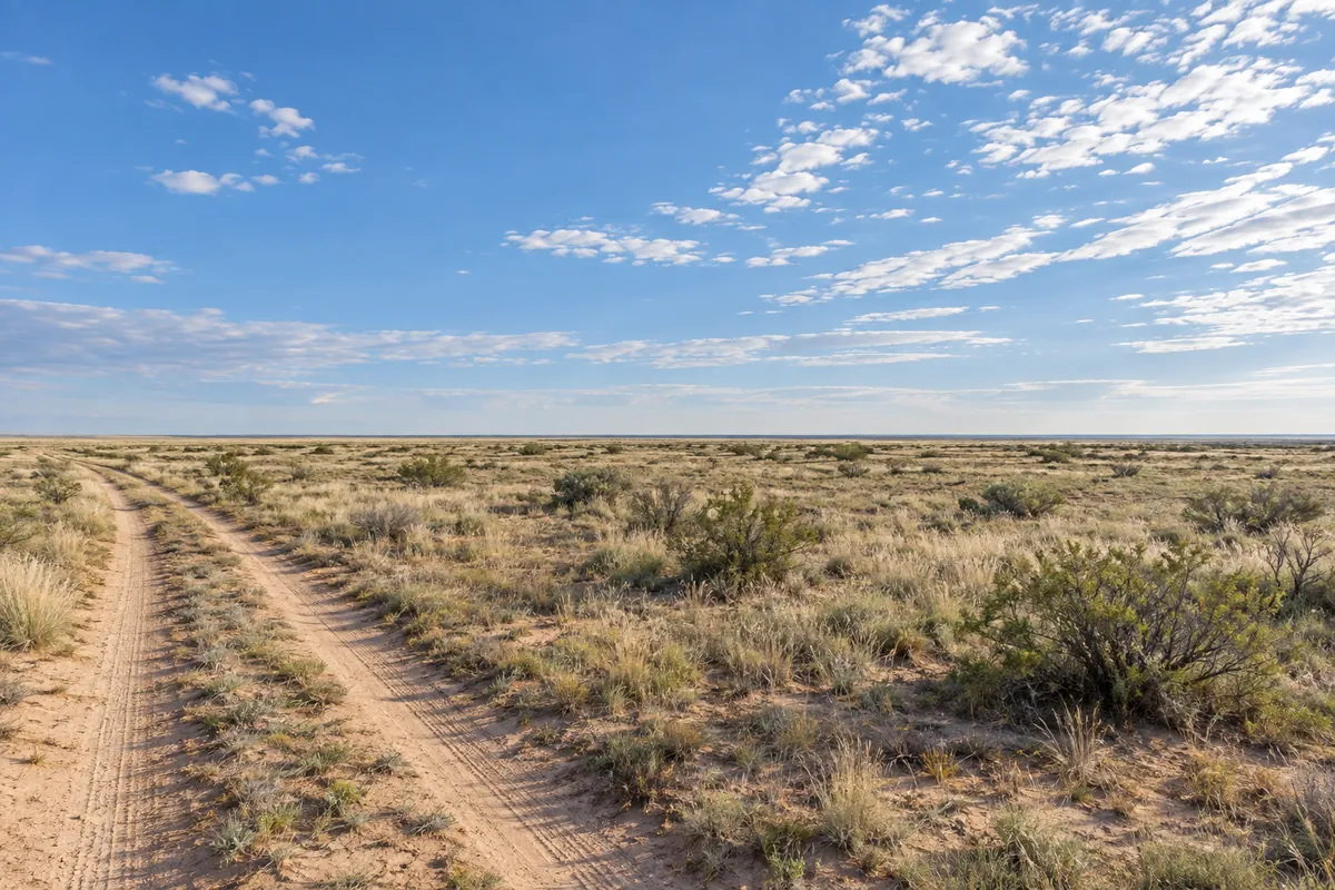 Unpaved two-track path through flat sandy grassland and low shrubs