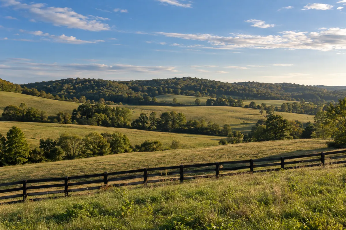 Kentucky pasture with a wooden fence and wooded hills