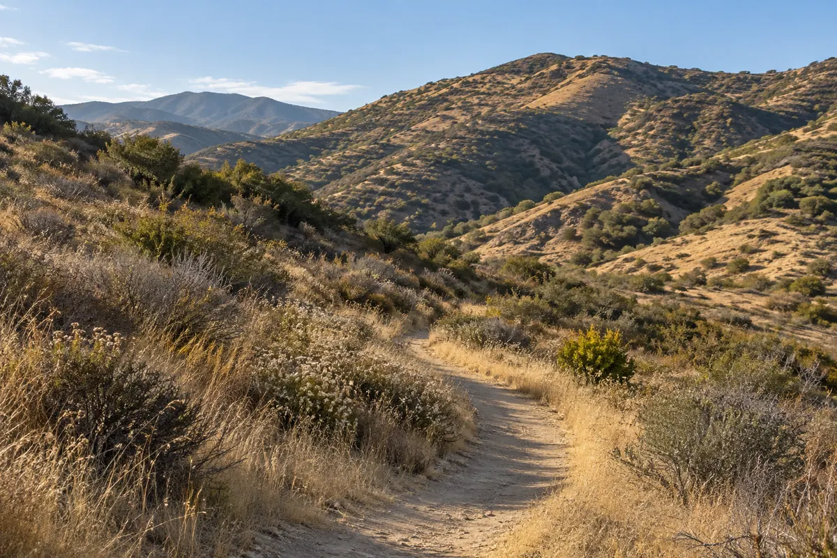 A dirt trail through dry grass and chaparral-covered hills in Southern California