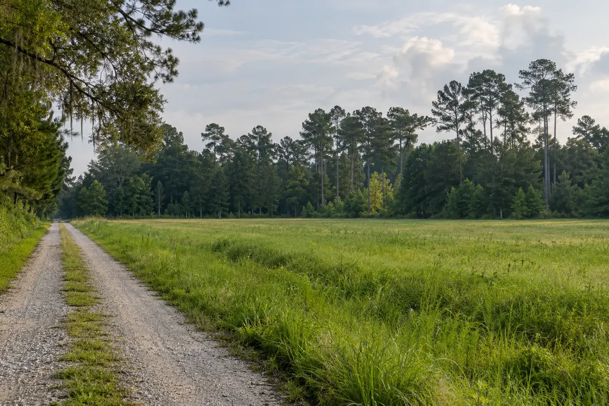 Gravel lane beside an open field and pine woods