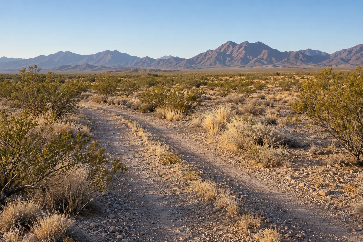 Dirt track across open desert ground with mountains in the distance