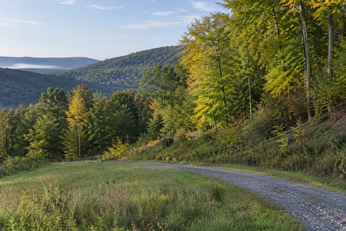 A gravel lane follows a grassy bench below a wooded Pennsylvania ridge
