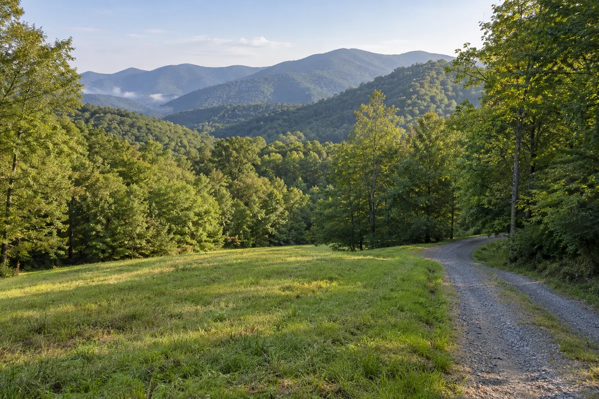 A grassy mountain clearing and gravel lane with wooded Blue Ridge ridges beyond
