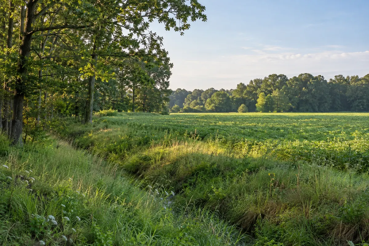 Flat green field with a grassy drainage edge and leafy woodland