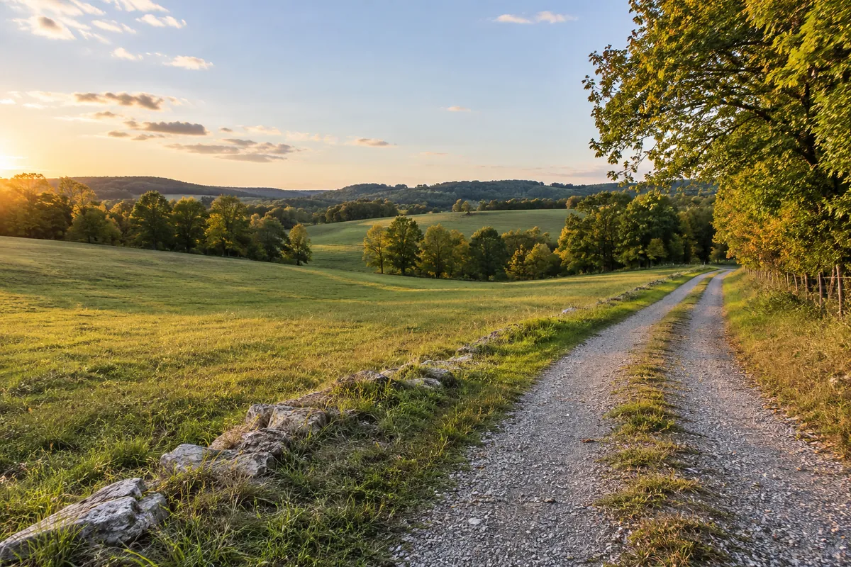 Gravel farm lane beside a rolling Middle Tennessee pasture with distant leafy woods