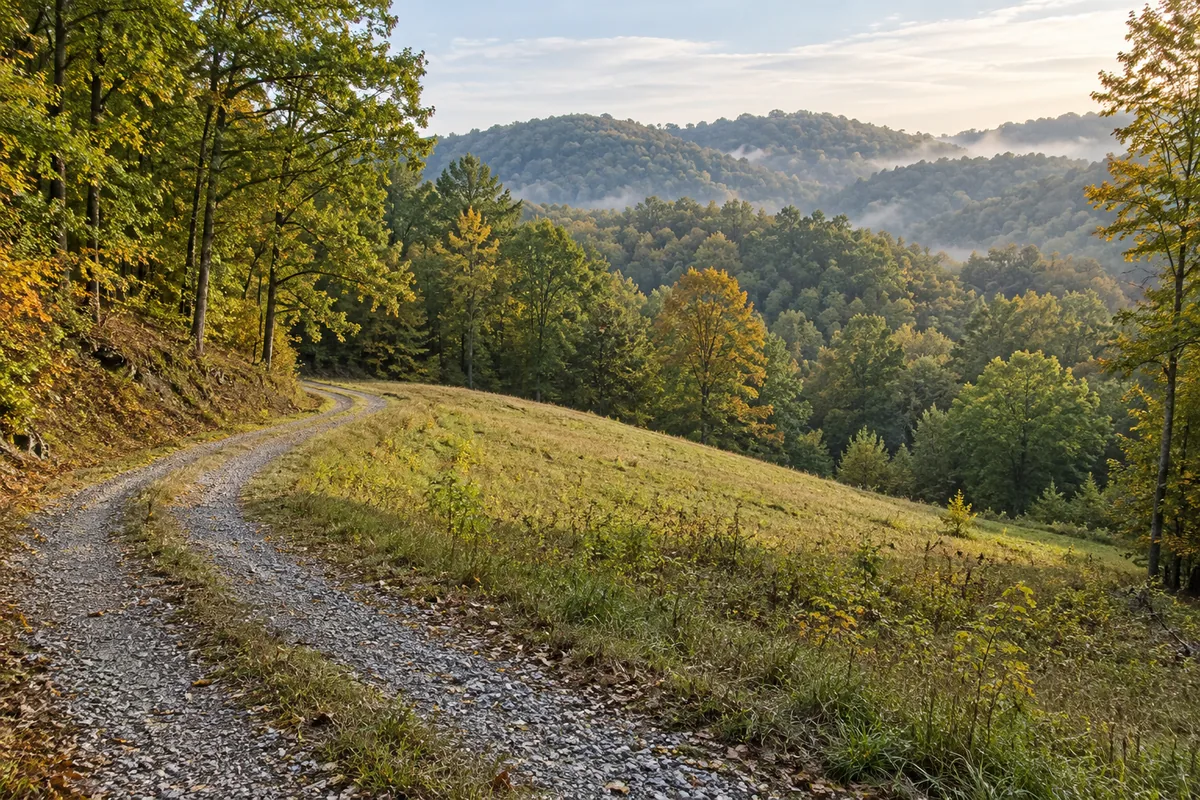 Gravel track curving beside a grassy clearing and wooded Appalachian hills