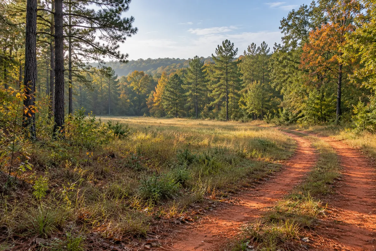 Red clay rural track beside a grassy clearing framed by pine and hardwood trees