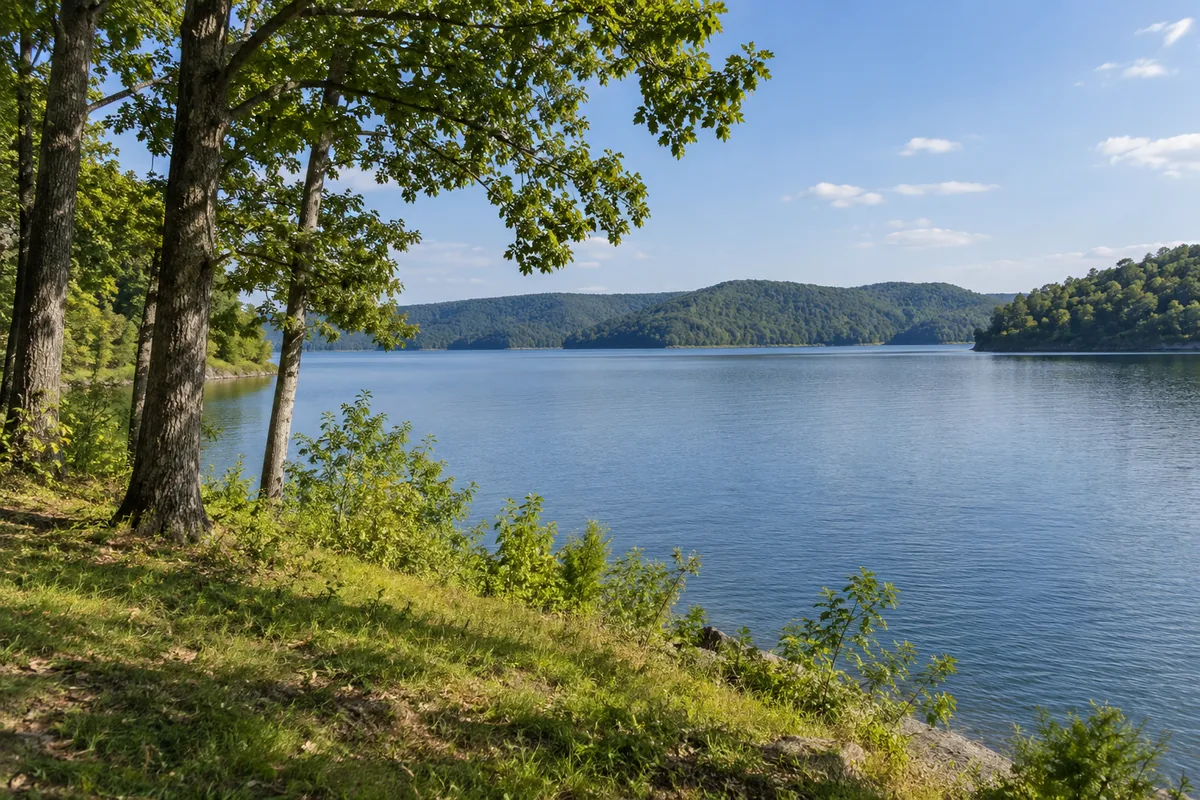 A grassy reservoir bank framed by trees with low wooded ridges across the water