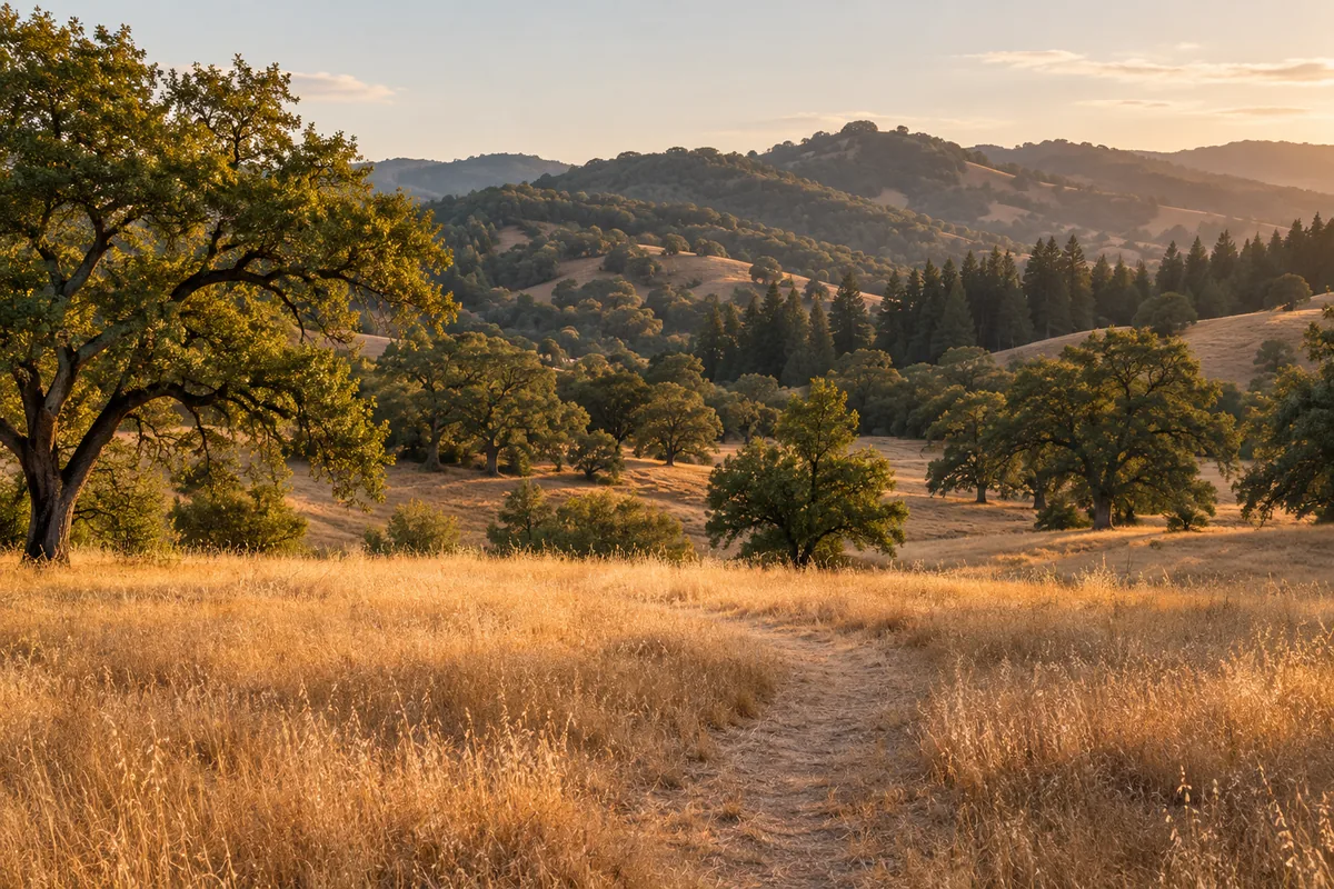 Golden meadow beside oak trees with rolling wooded hills beyond