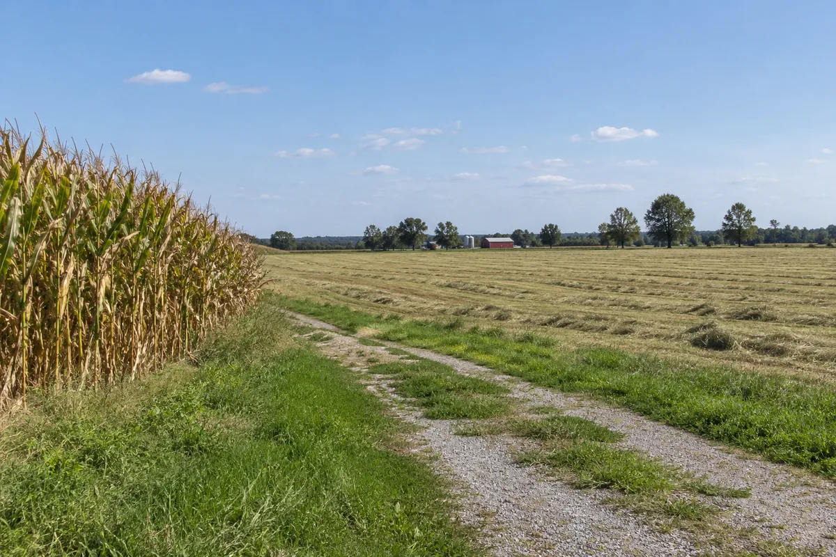 A gravel entrance runs beside golden corn and a cut hay field in level farm country