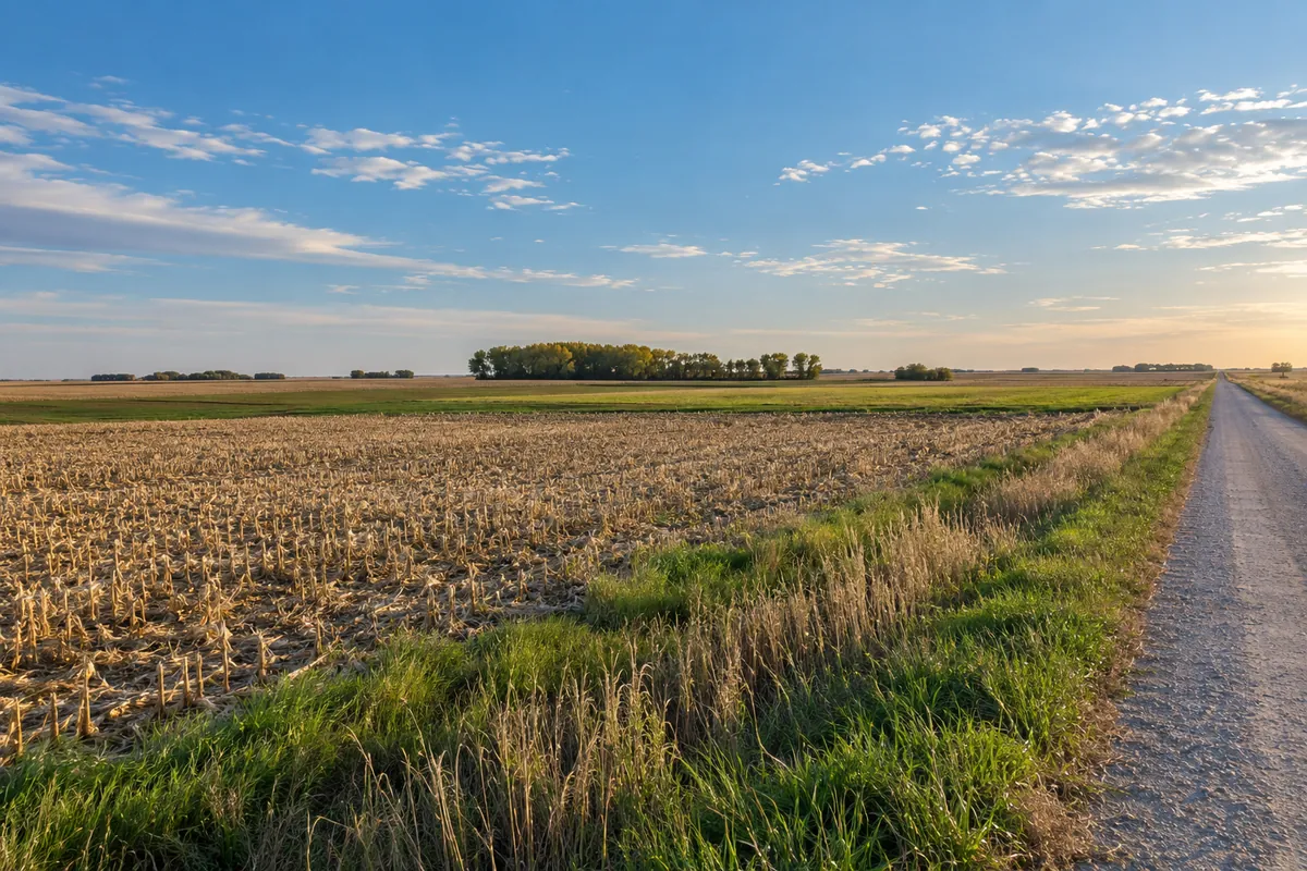 Flat central Nebraska farm field beside a gravel road and distant cottonwood trees
