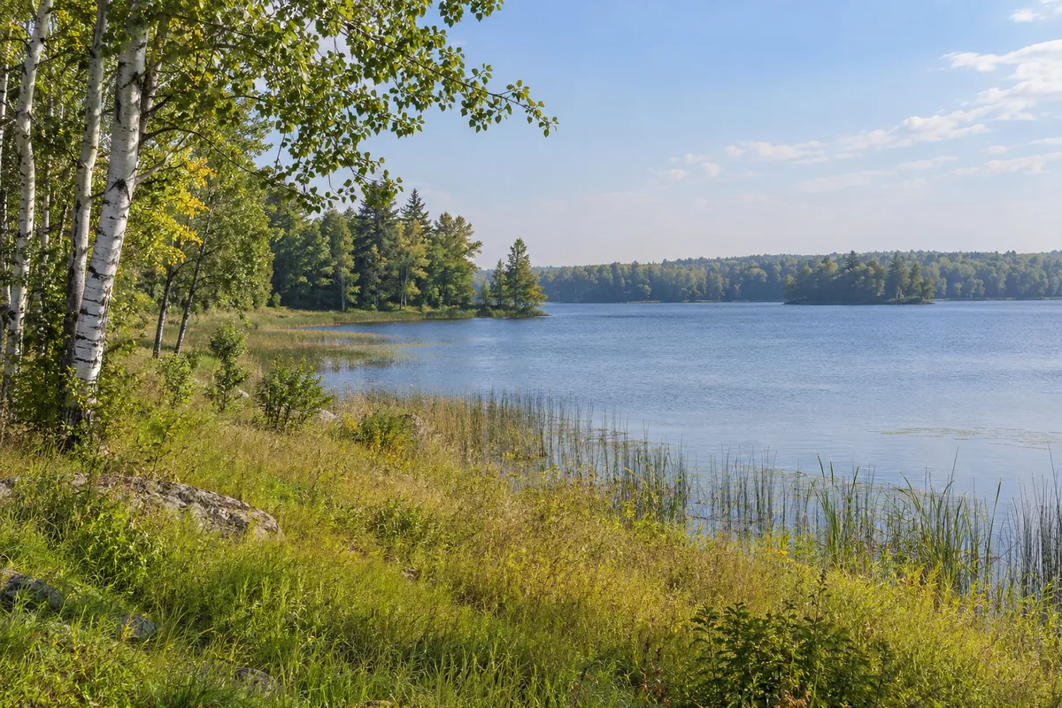 Birch trees beside a grassy lake shore and distant woods