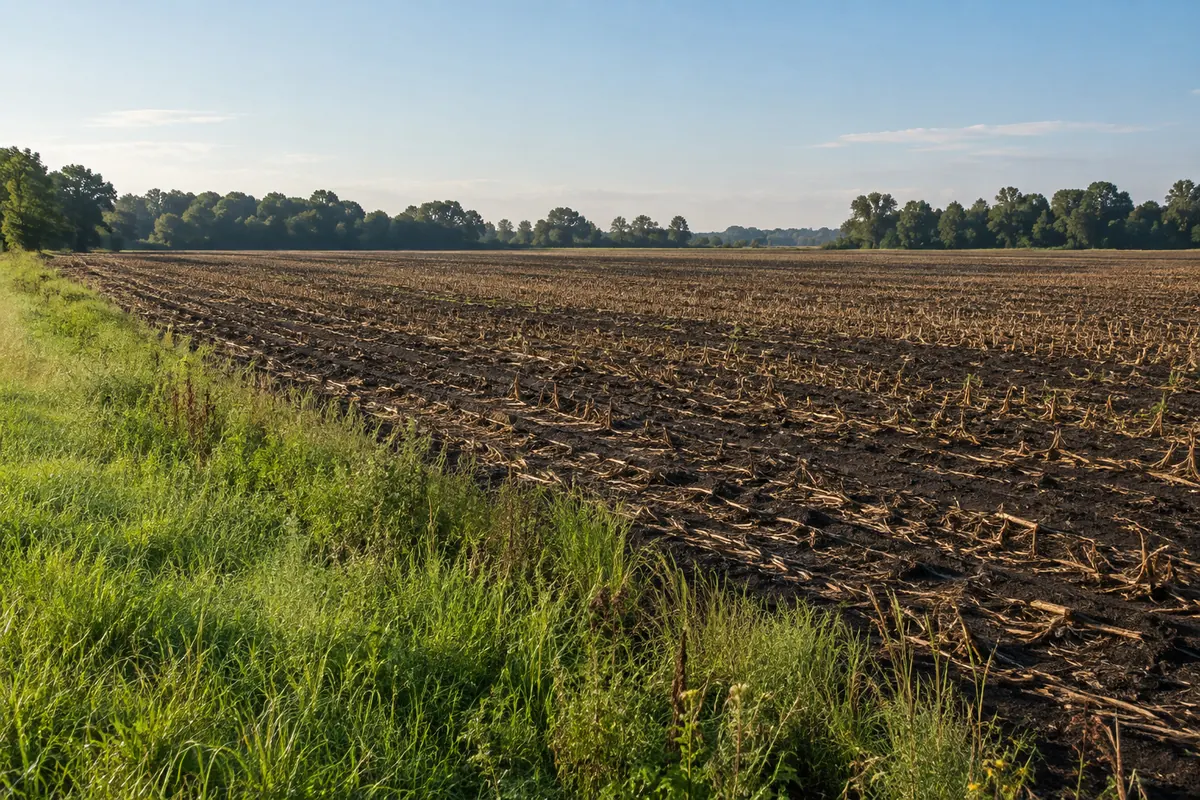 A flat farm field with a grassy edge and distant trees