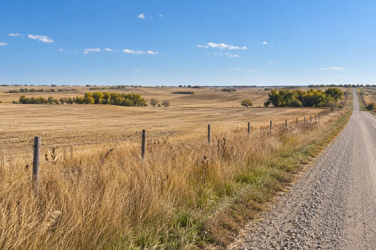 Gravel rural road beside open prairie and harvested cropland under a wide sky