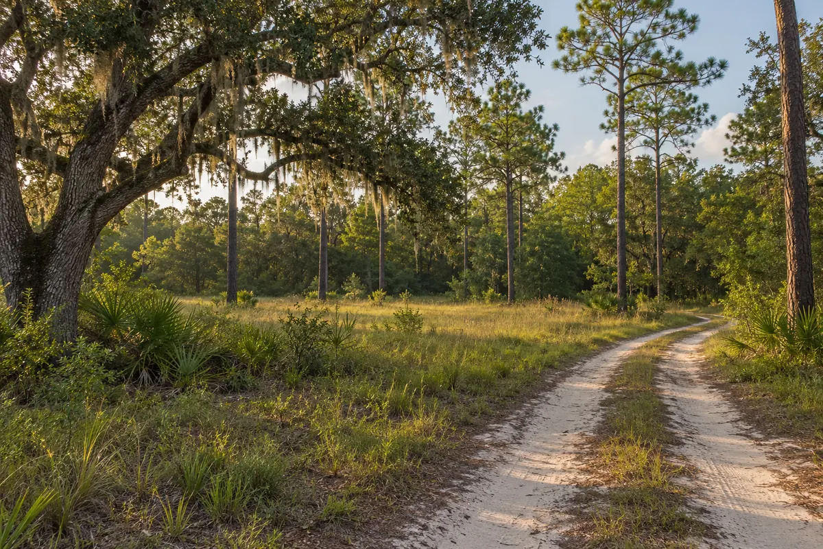 A sandy lane curves past pines and a live oak beside a grassy clearing