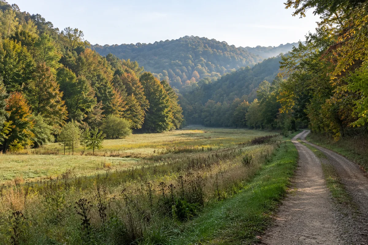 A dirt lane curves beside a meadow below wooded hills with early autumn leaves