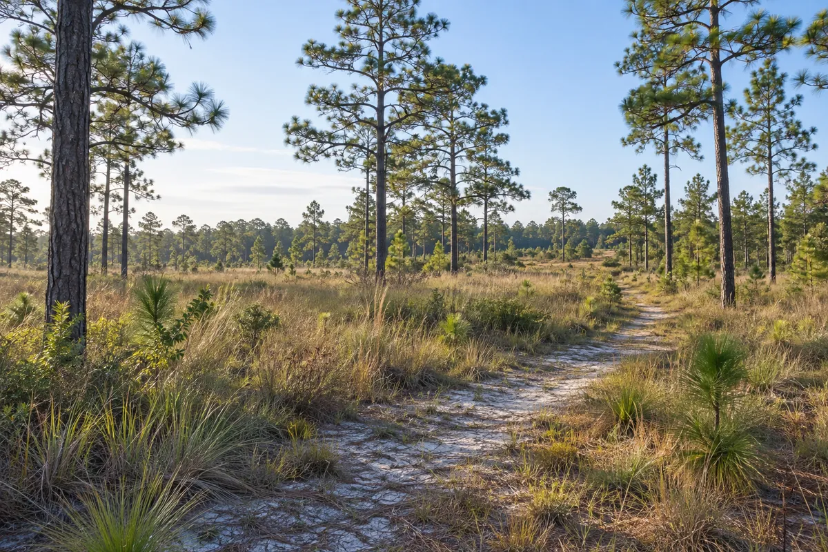 Sandy path through a grassy clearing with tall pine trees