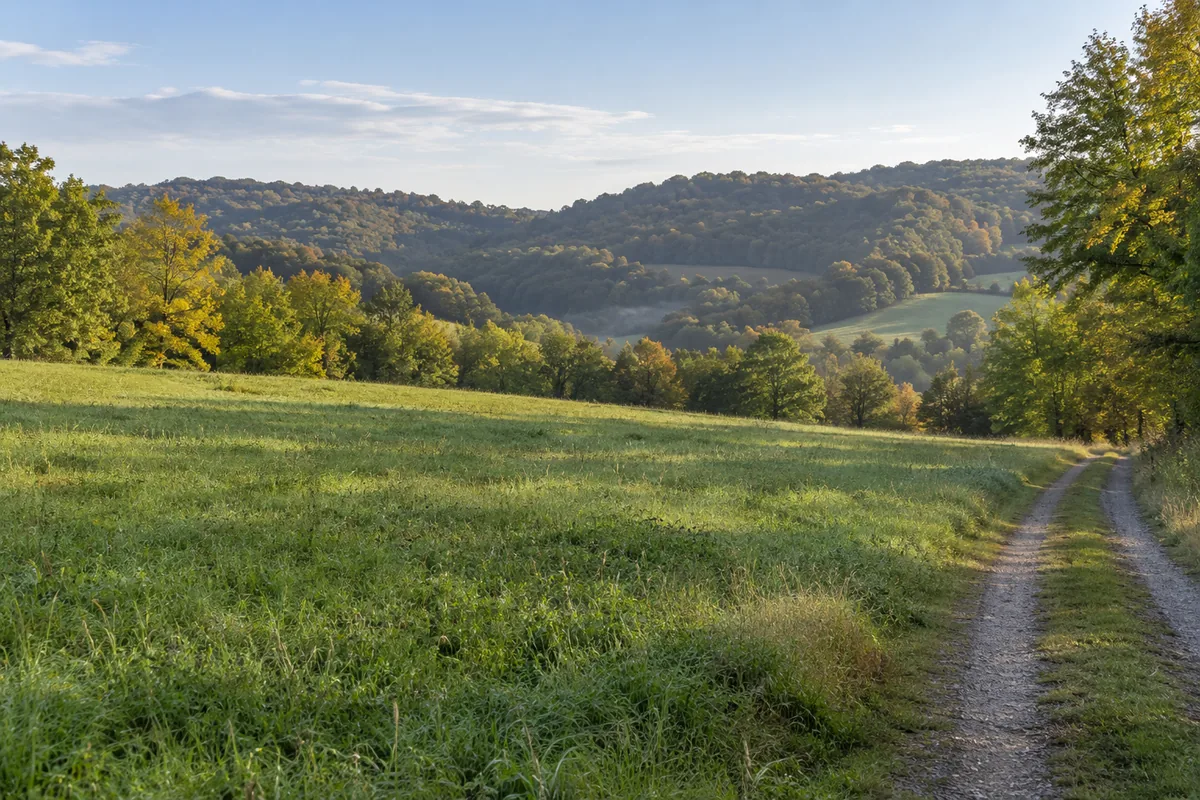 An uneven meadow and farm track lead toward wooded hills