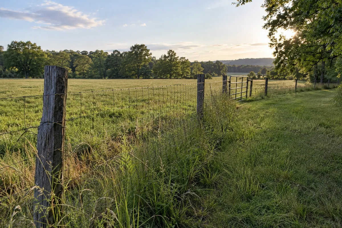 A fence beside a narrow strip of grass with a gate and field beyond