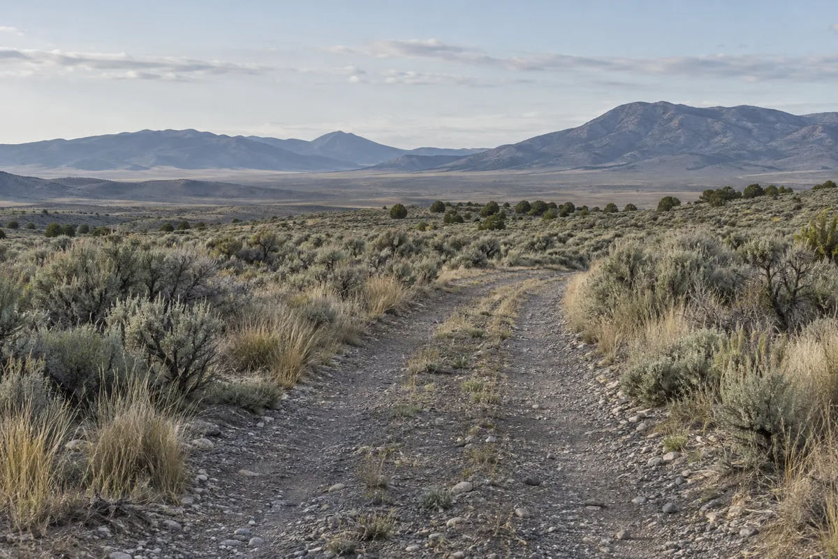 A rough gravel track through open sagebrush ground with distant mountain ridges