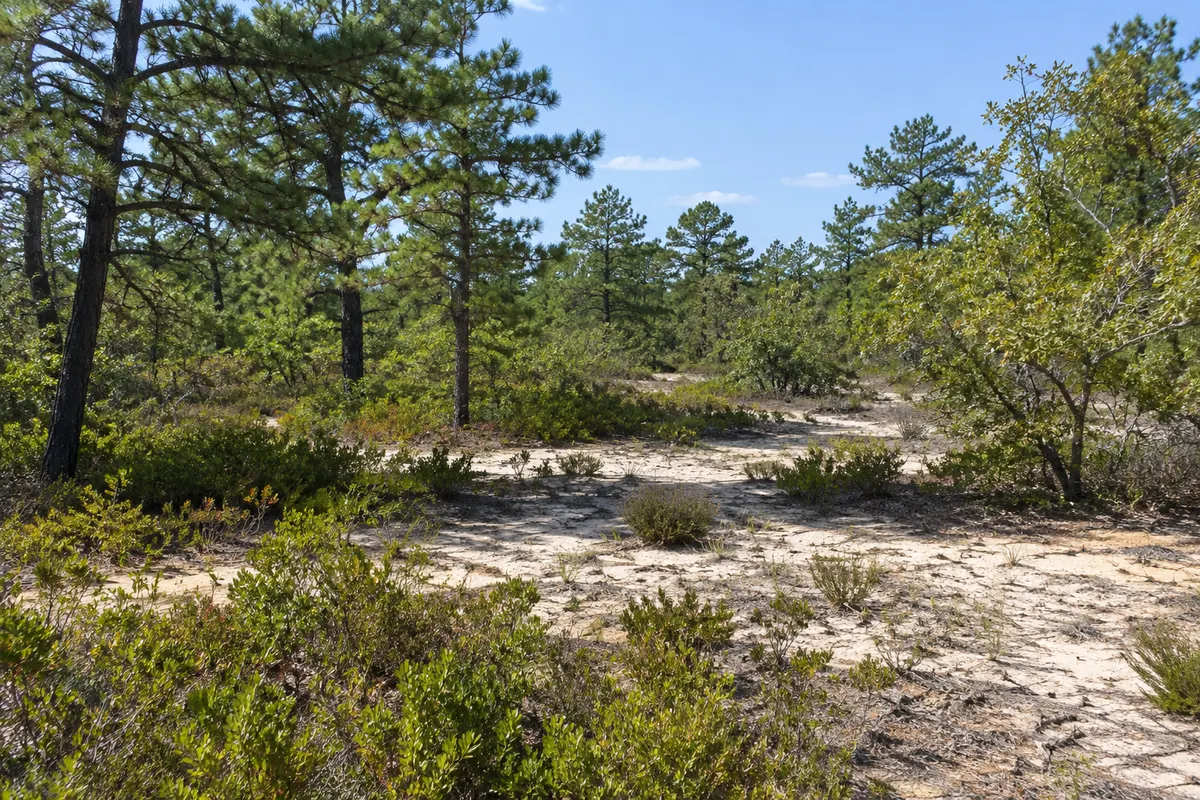 Sandy open ground bordered by pines and low shrubs