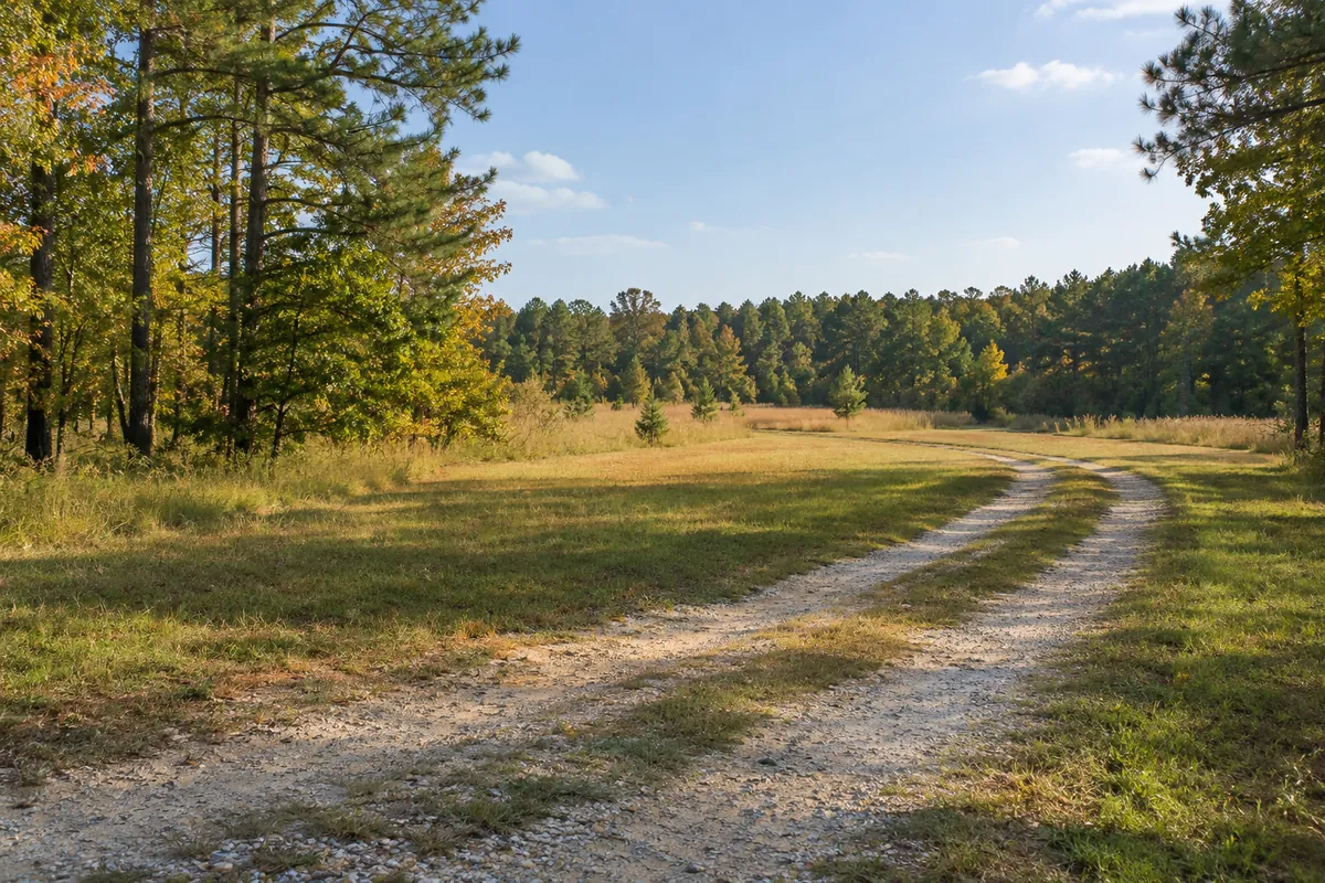 Gravel track through an open grassy clearing edged by pine and hardwood trees