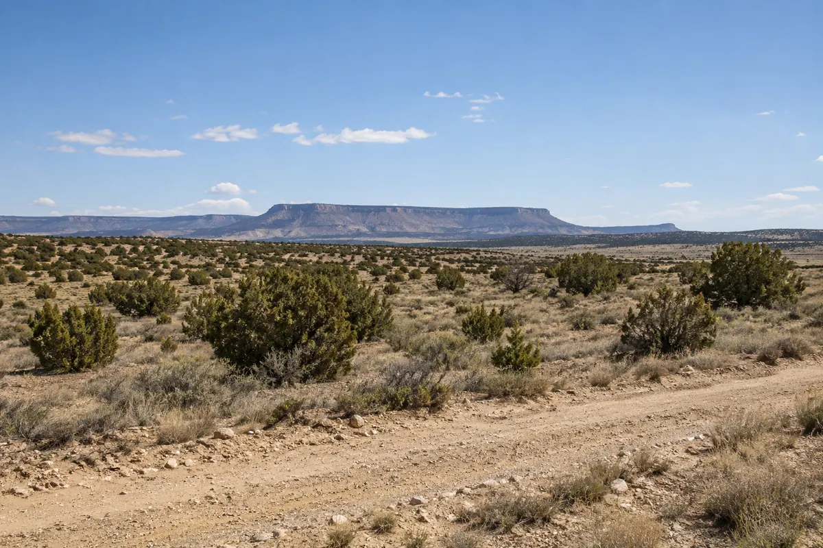 Dry open land with low shrubs and a distant mesa