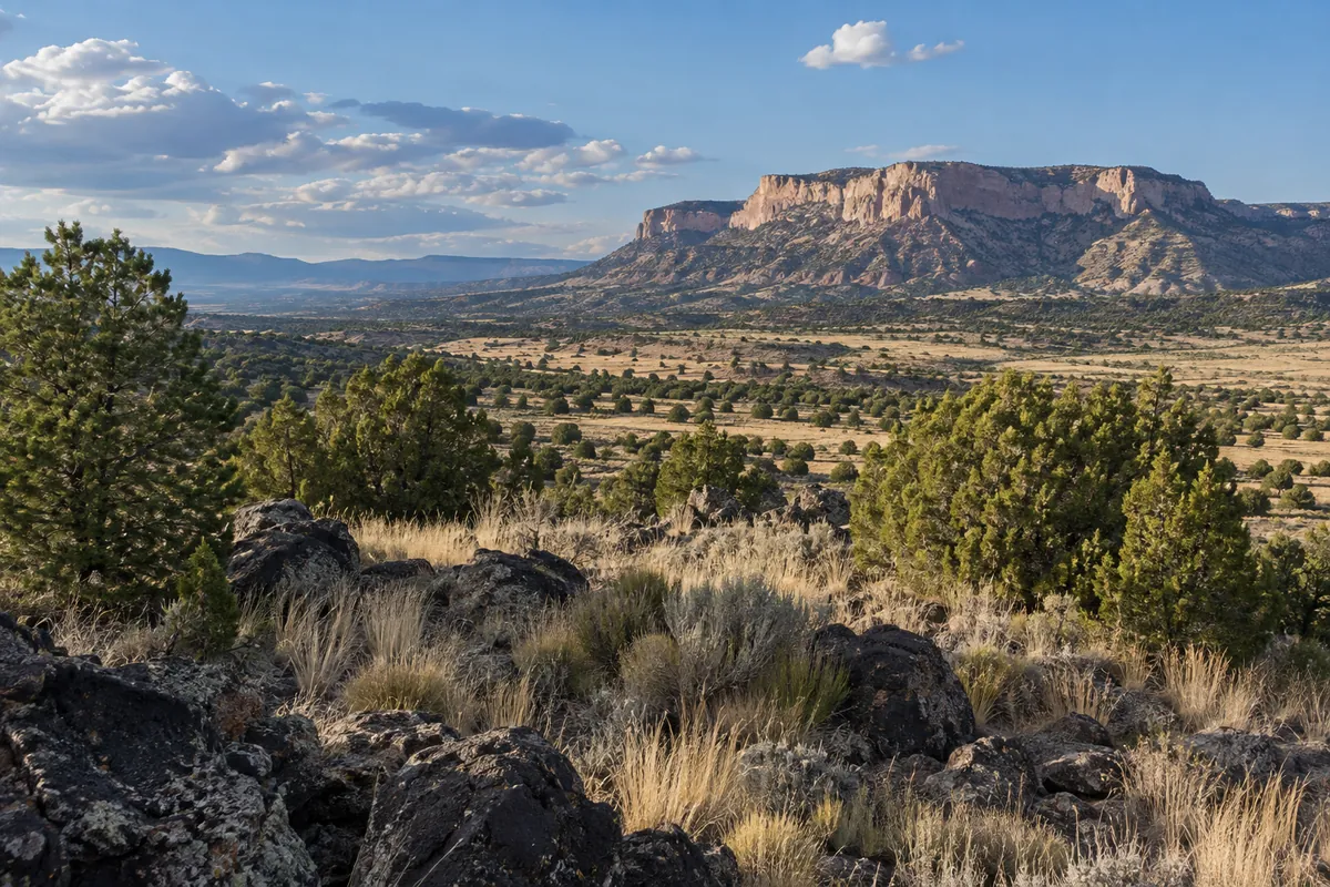 Juniper trees and dry grass below a broad mesa in New Mexico