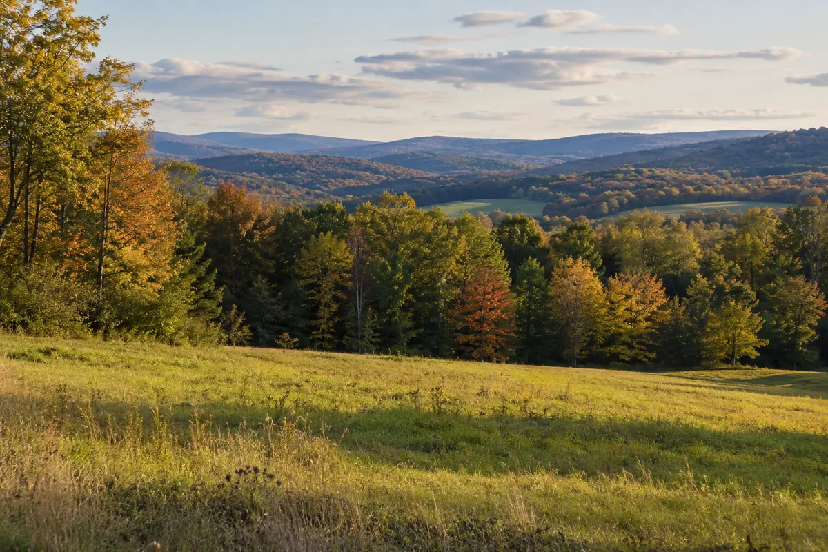 Open grassy field overlooking wooded hills in autumn
