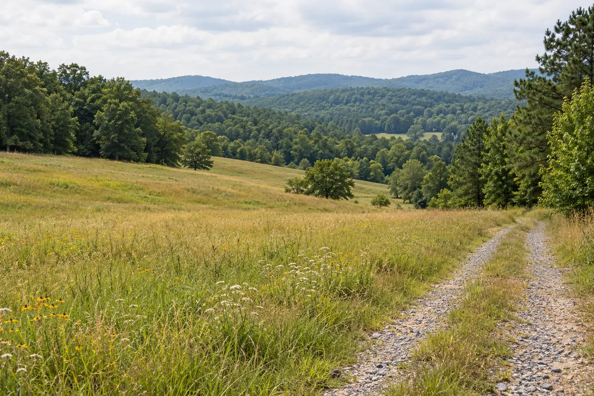 Gravel lane through a meadow beside wooded hills